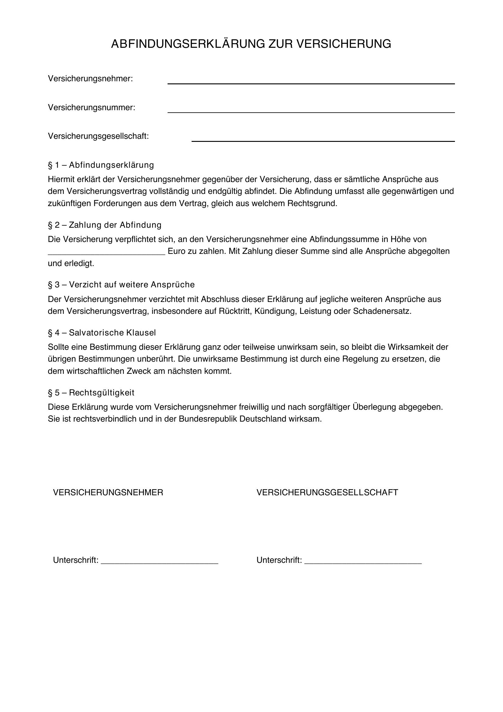Abfindungserklärung Versicherung Muster