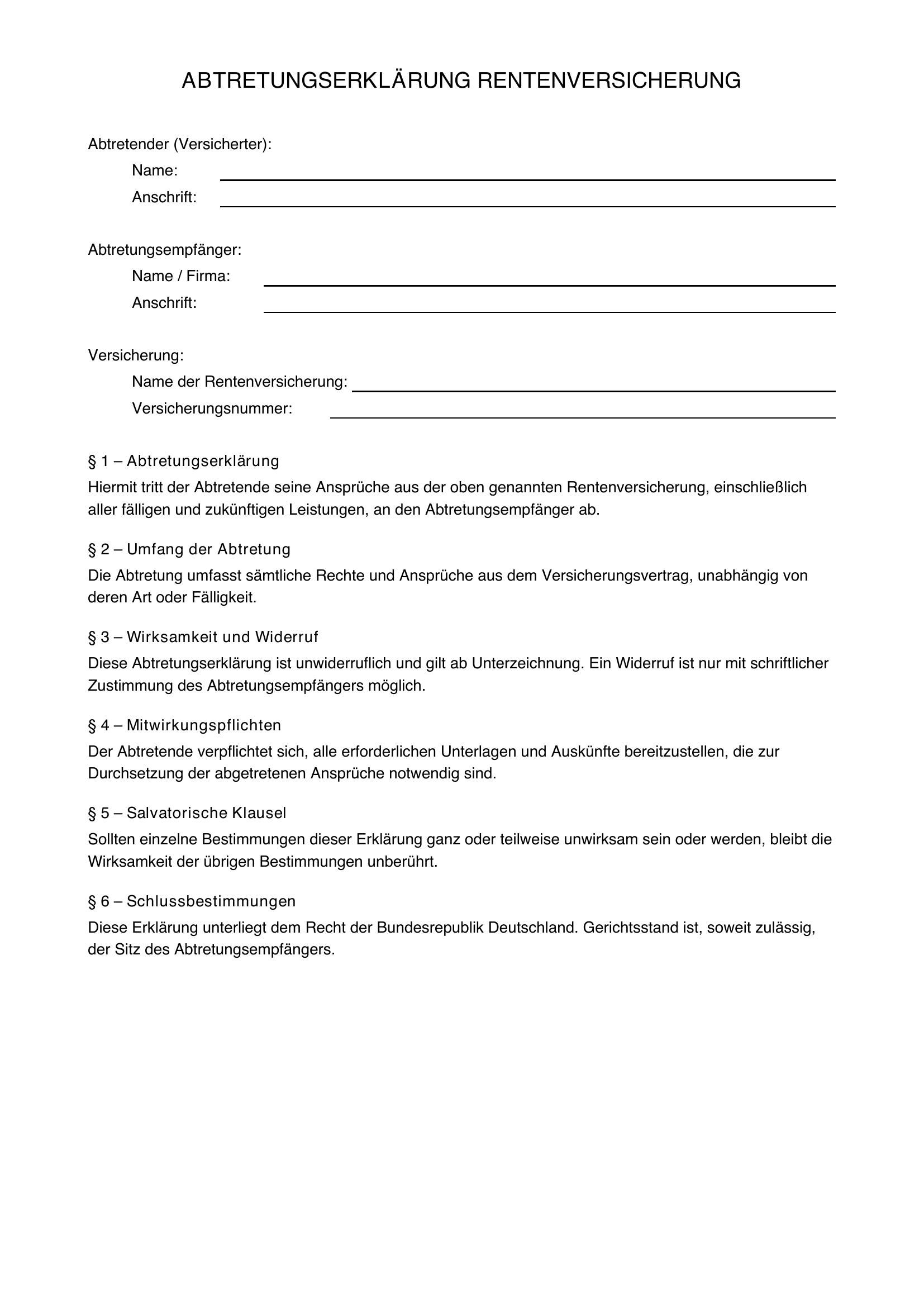 Abtretungserklärung Rentenversicherung Muster