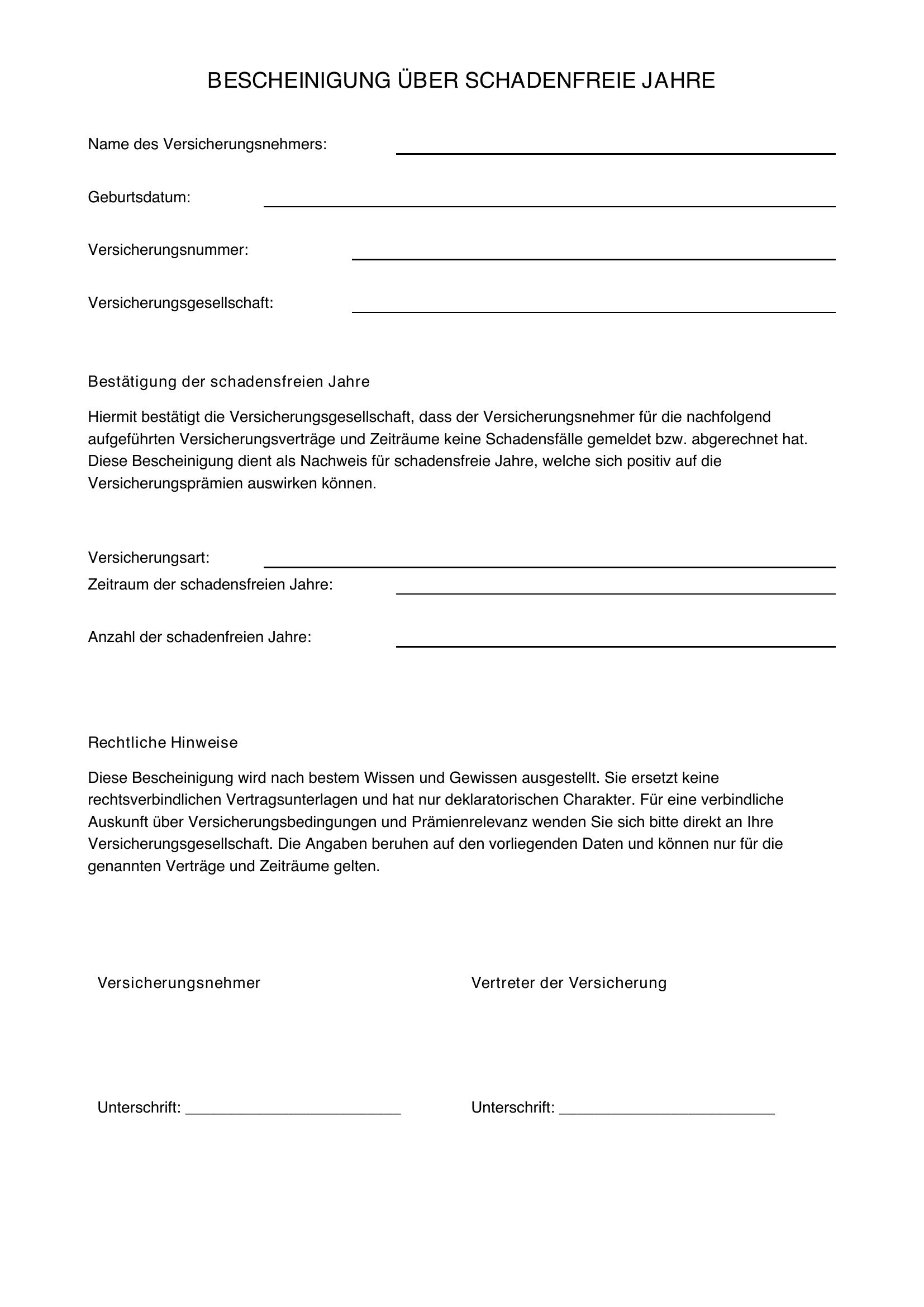 Bescheinigung Schadenfreie Jahre Muster