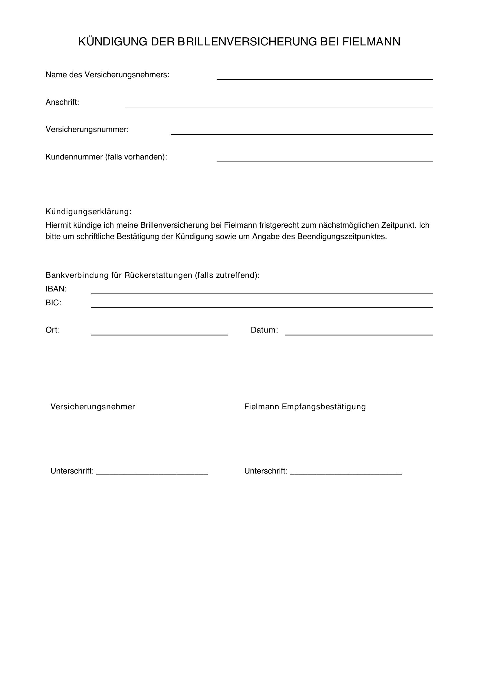 Brillenversicherung Fielmann Kündigen - Vorlage
