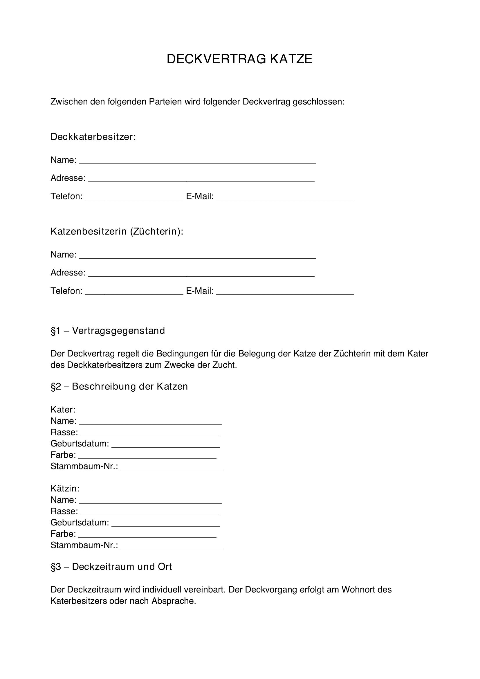 Deckvertrag Katze