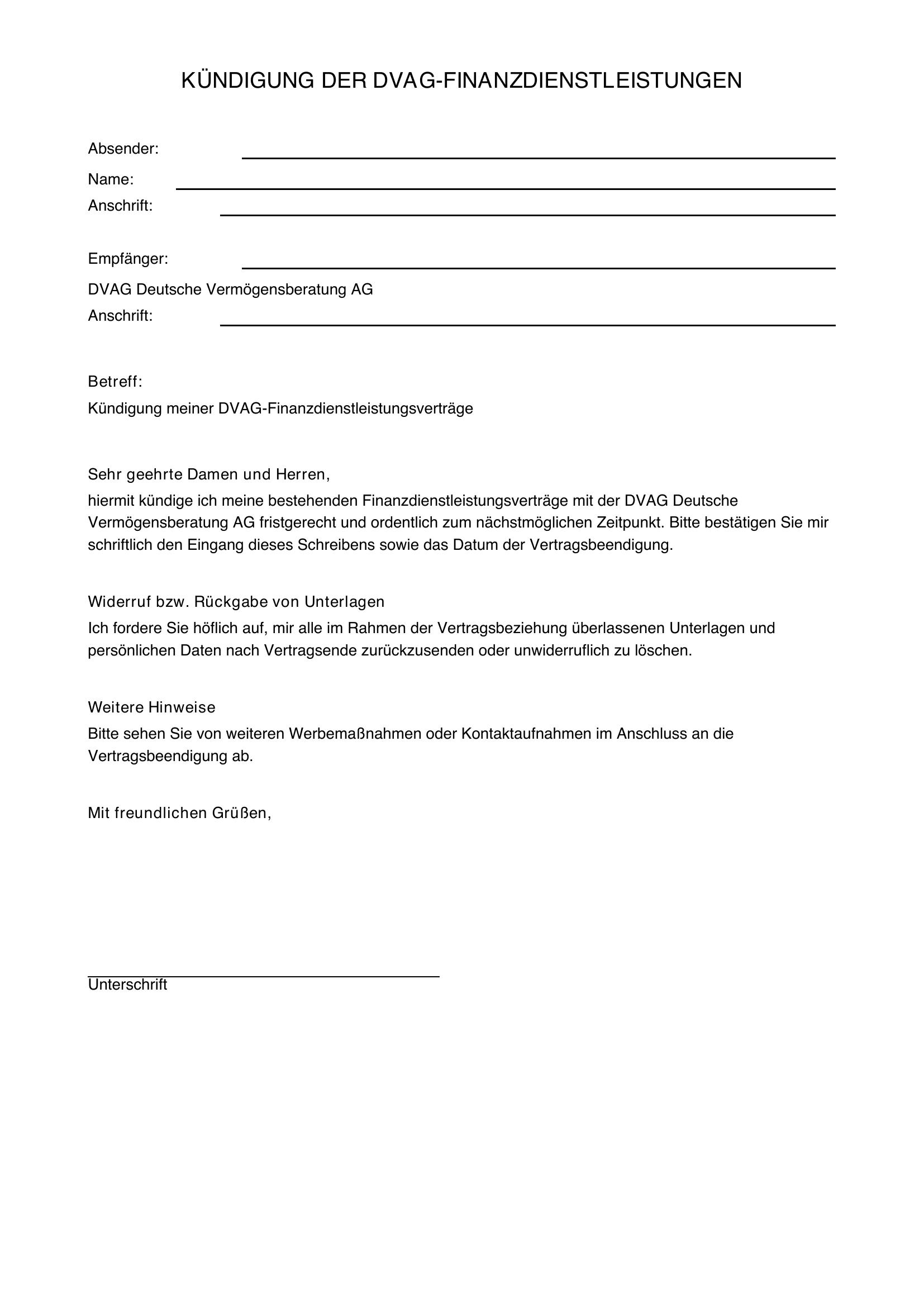 Dvag Kündigung Vorlage