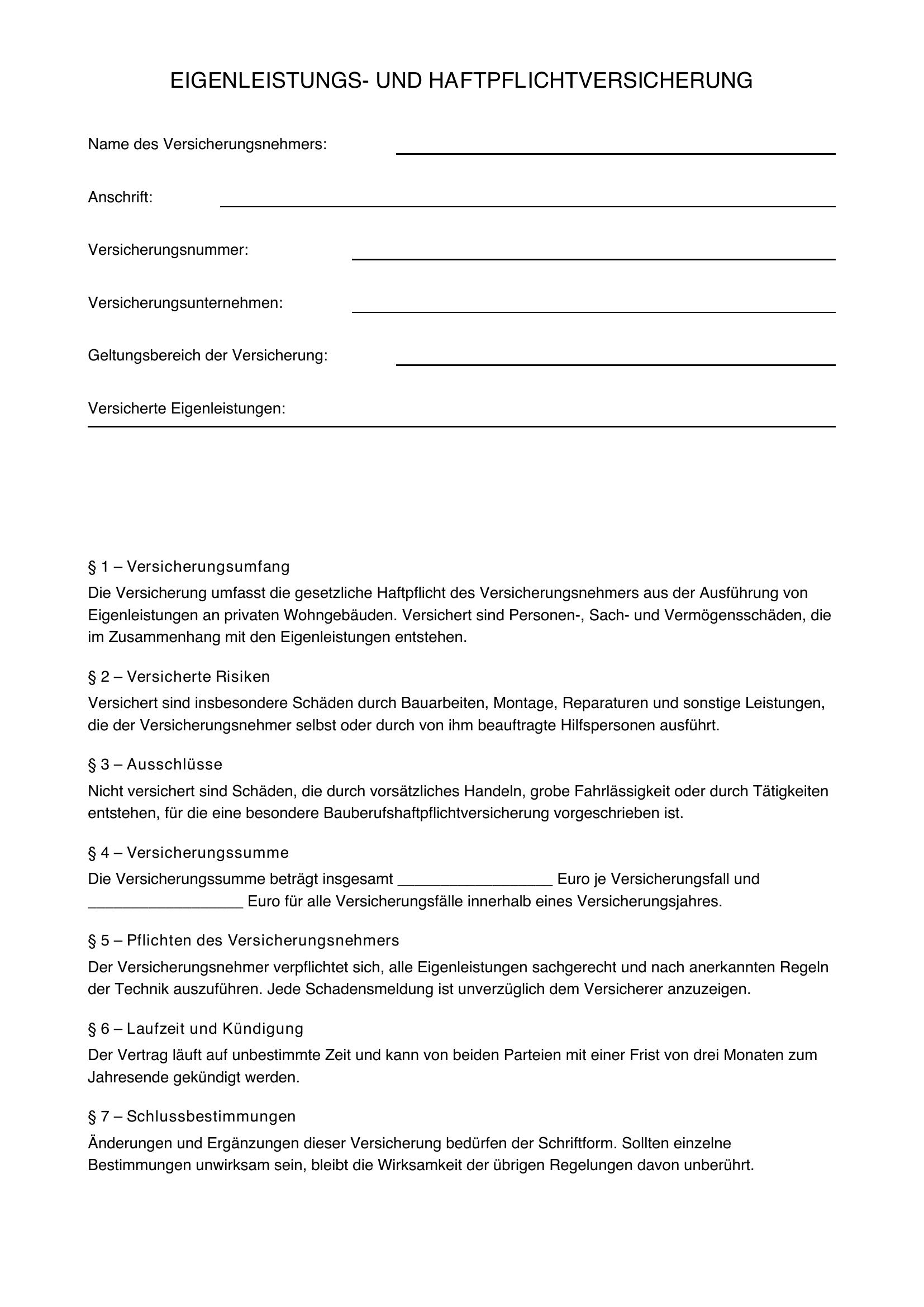 Eigenleistung Versicherung Vorlage
