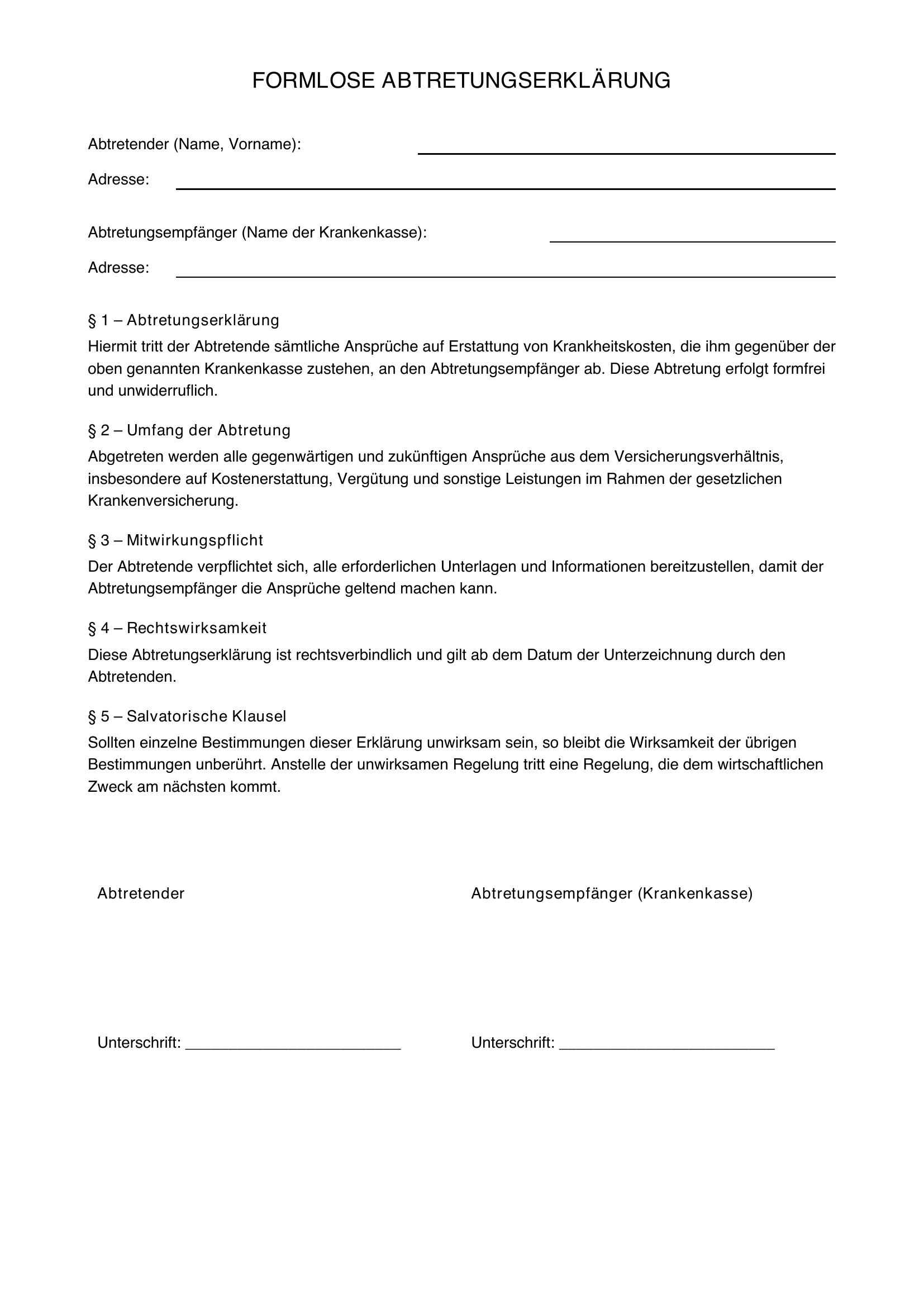 Formlose Abtretungserklärung Krankenkasse