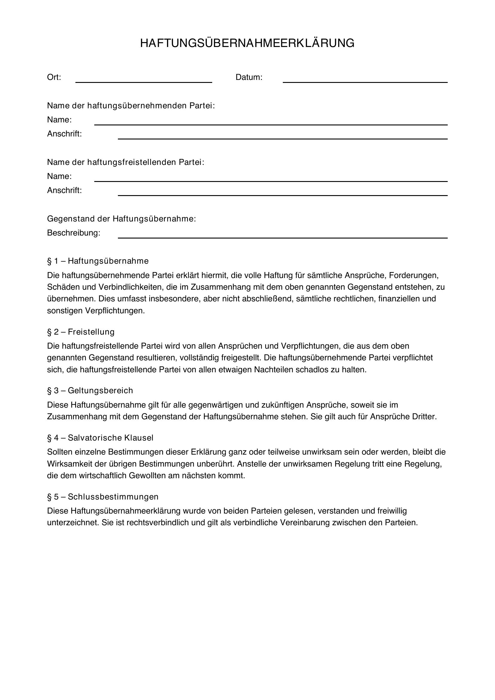 Haftungsübernahmeerklärung