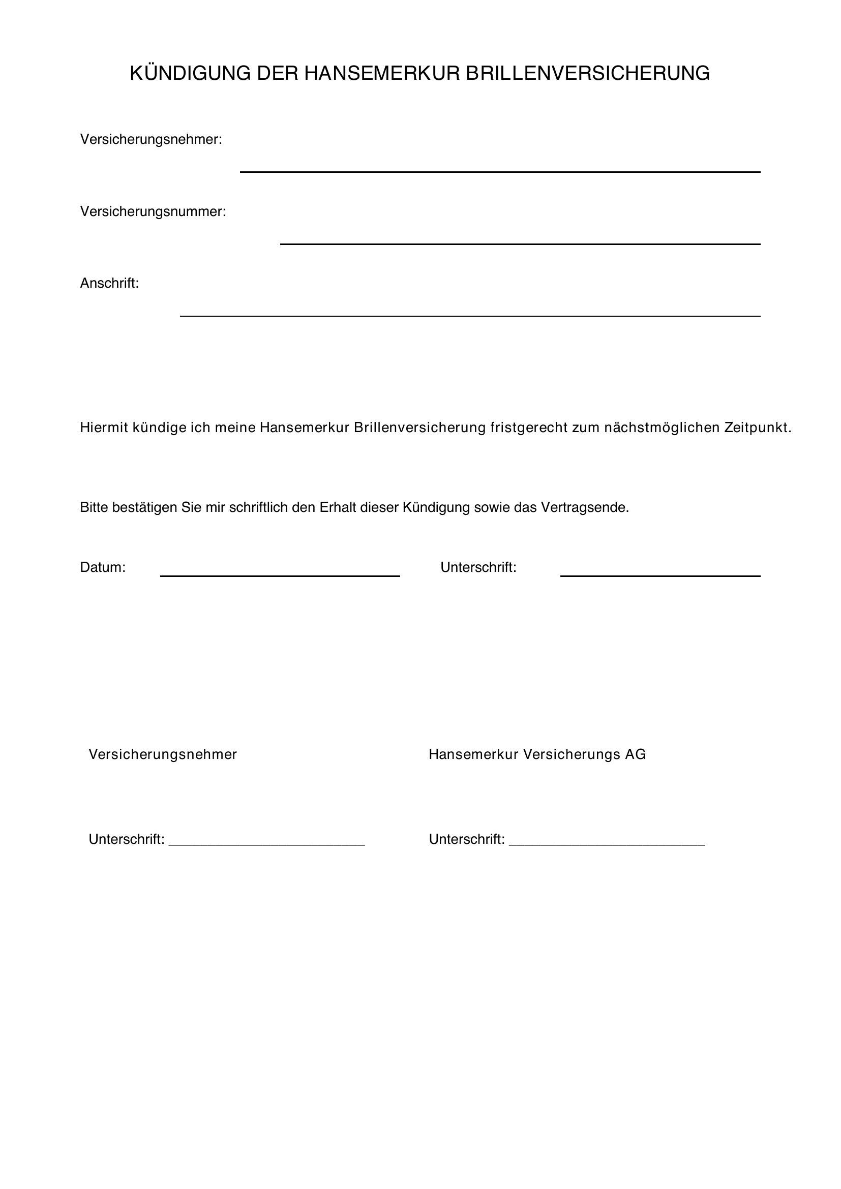 Hansemerkur Brillenversicherung Kündigen - Vorlage