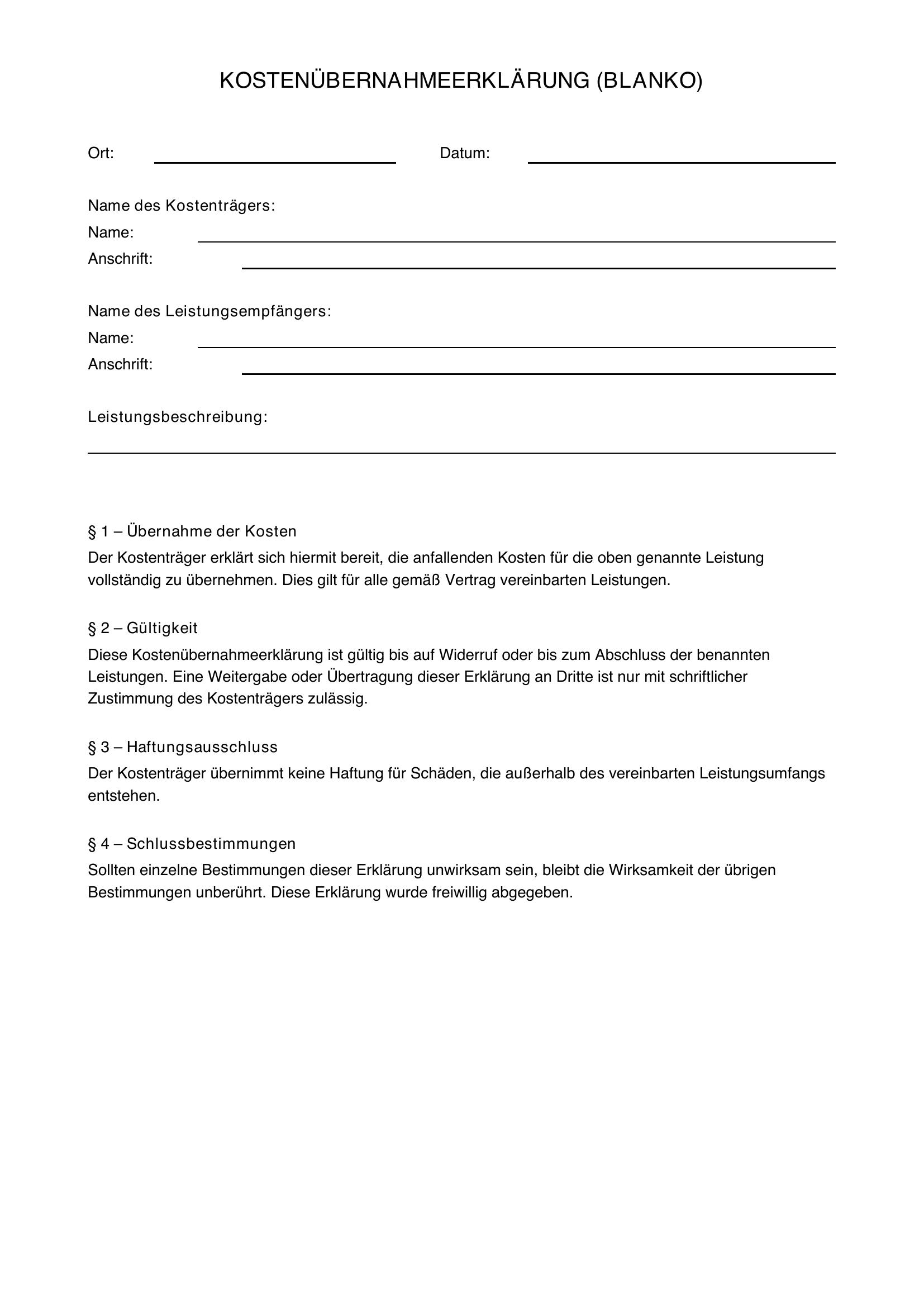 Kostenübernahme Formular Blanko