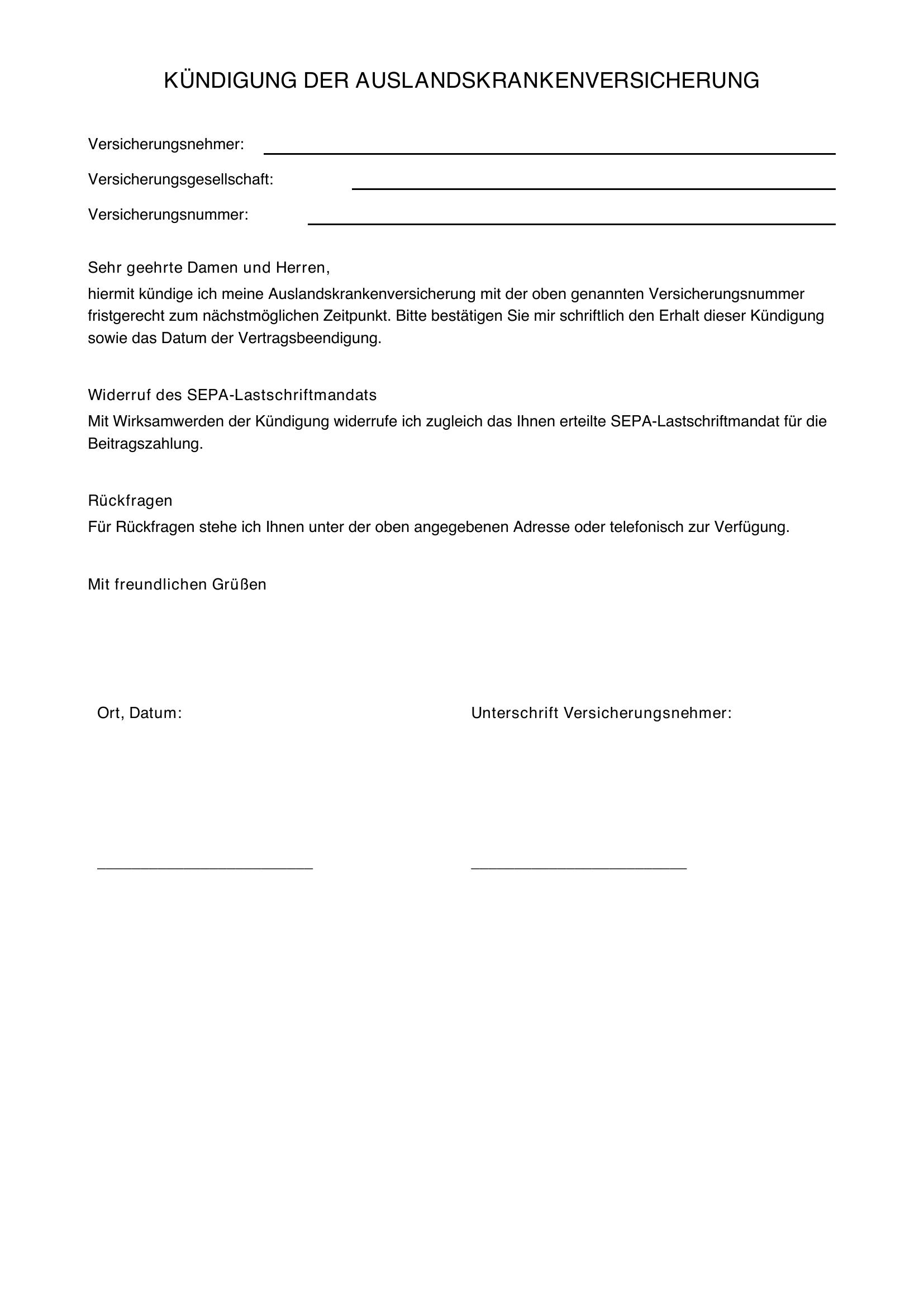 Kündigung Auslandskrankenversicherung Vorlage