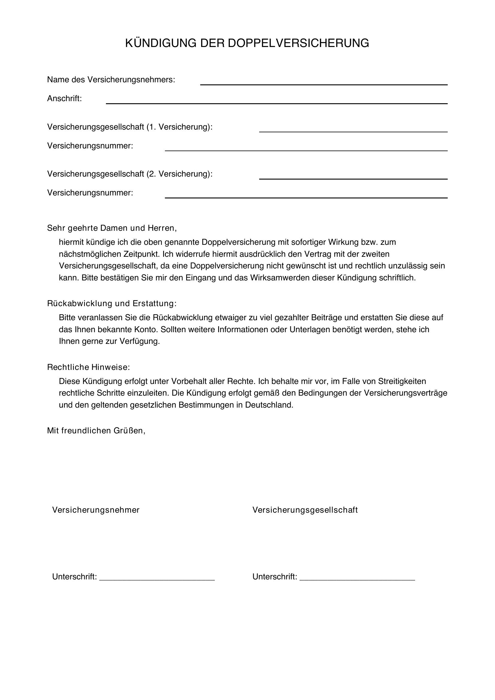 Kündigung Doppelversicherung Vorlage