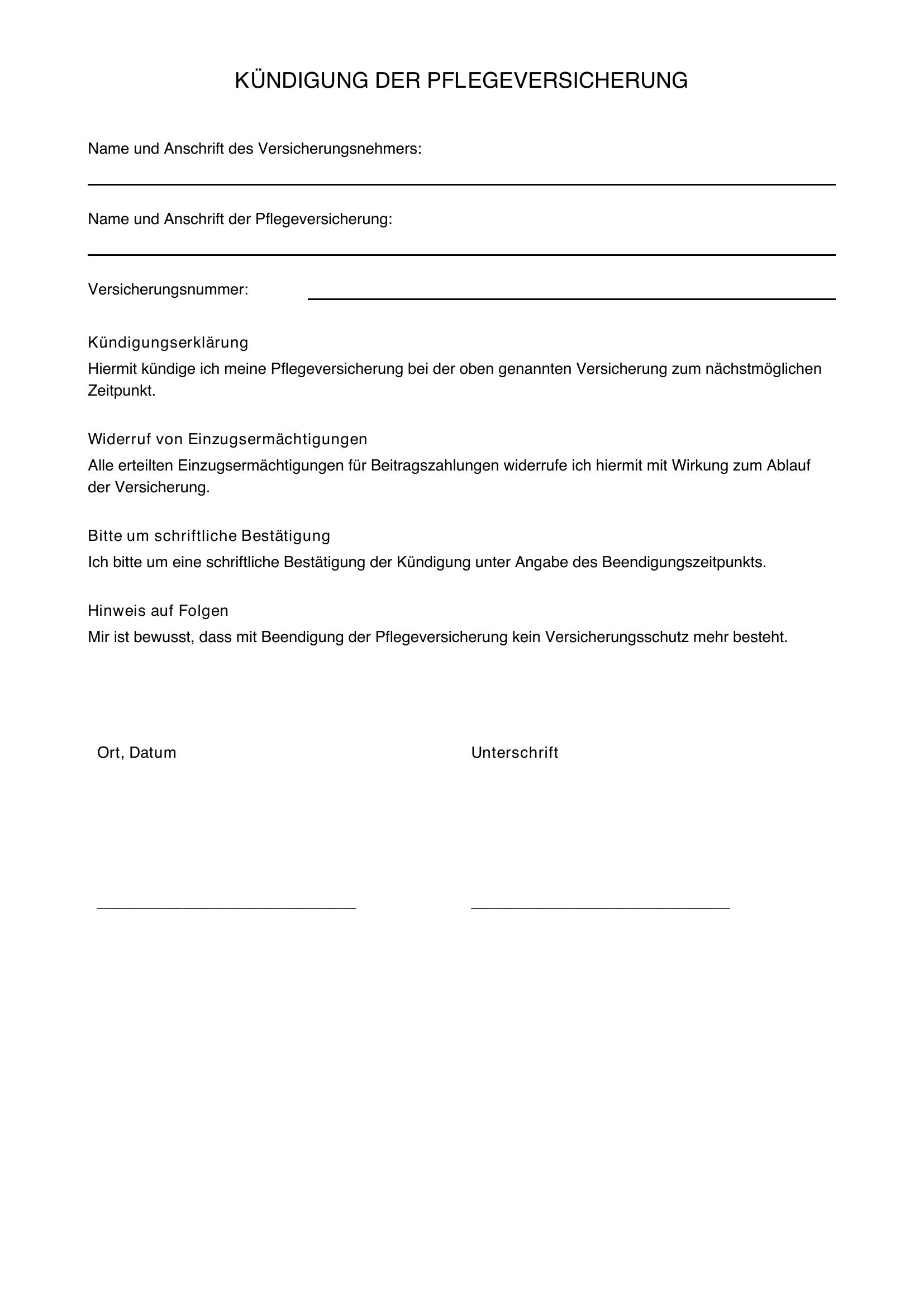 Kündigung Pflegeversicherung Vorlage