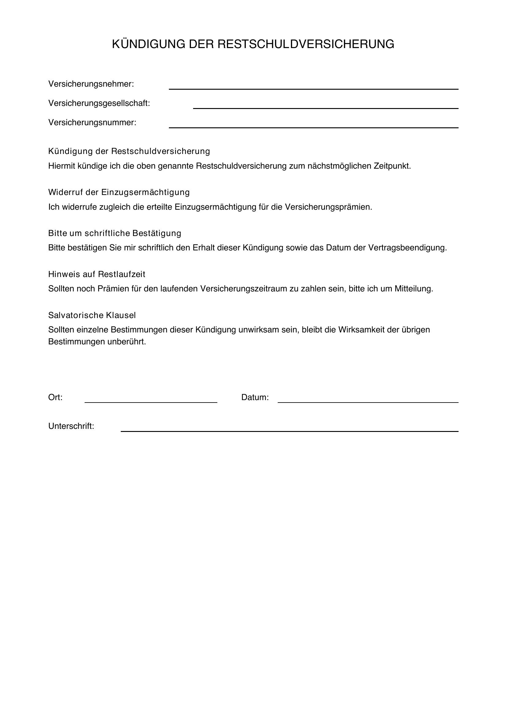 Kündigung Restschuldversicherung Muster