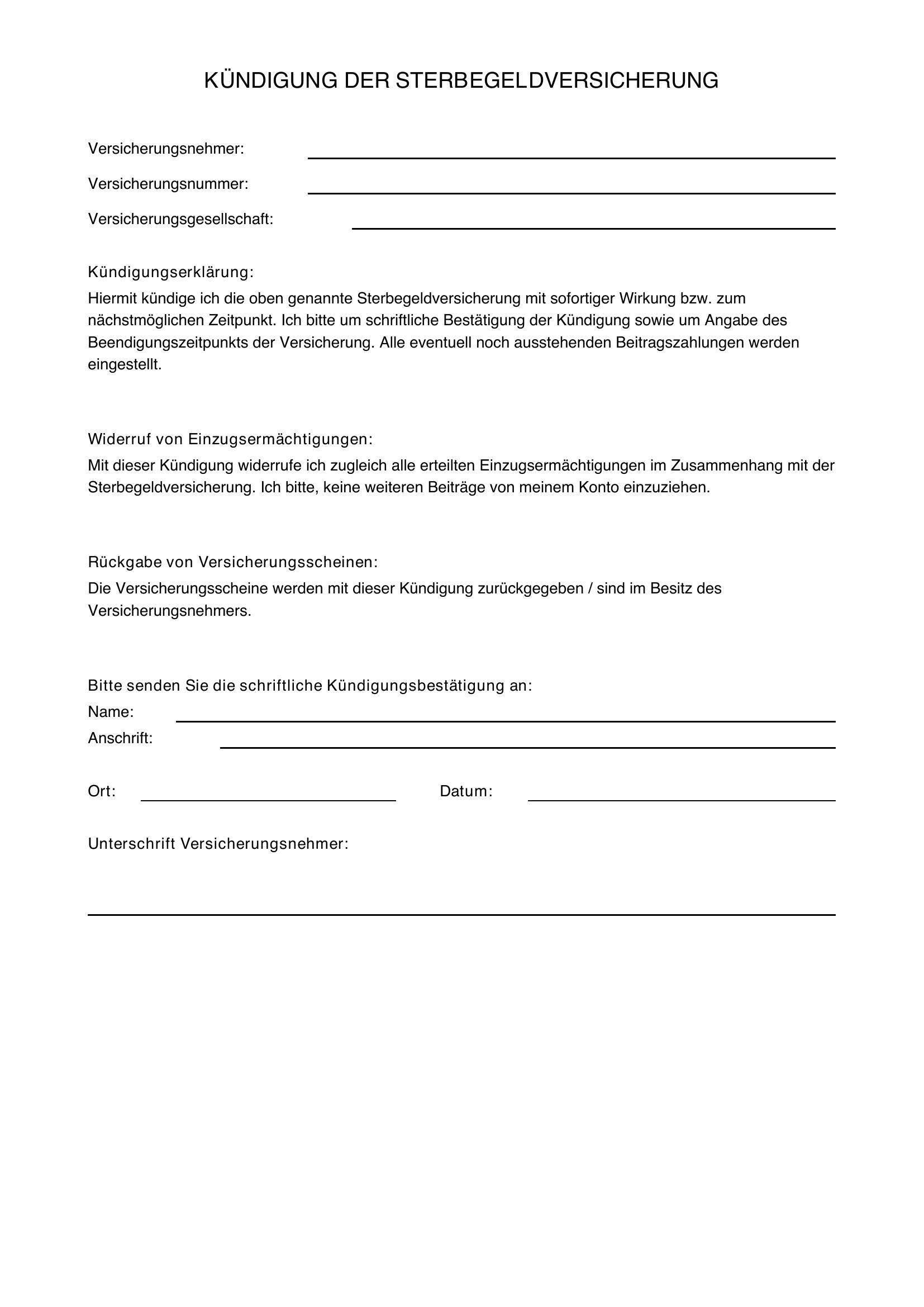 Kündigung Sterbegeldversicherung Muster