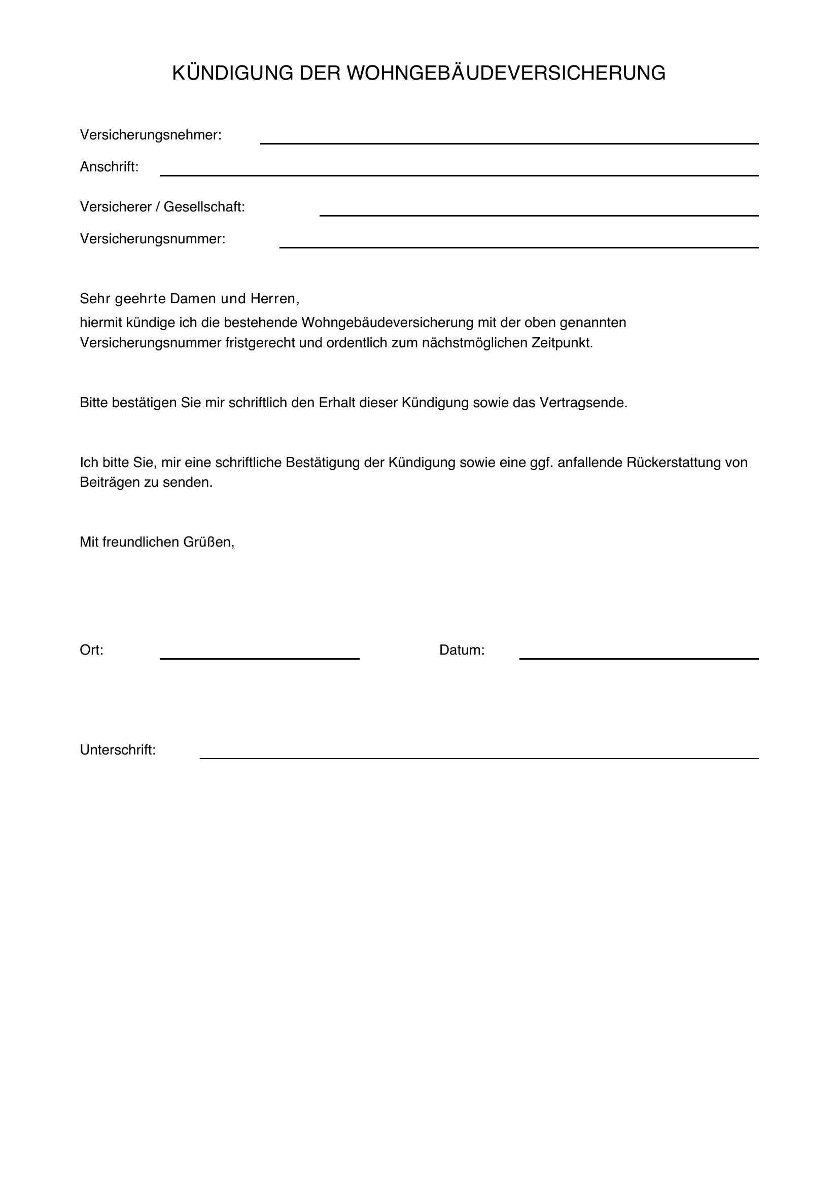 Kündigung Wohngebäudeversicherung Vorlage