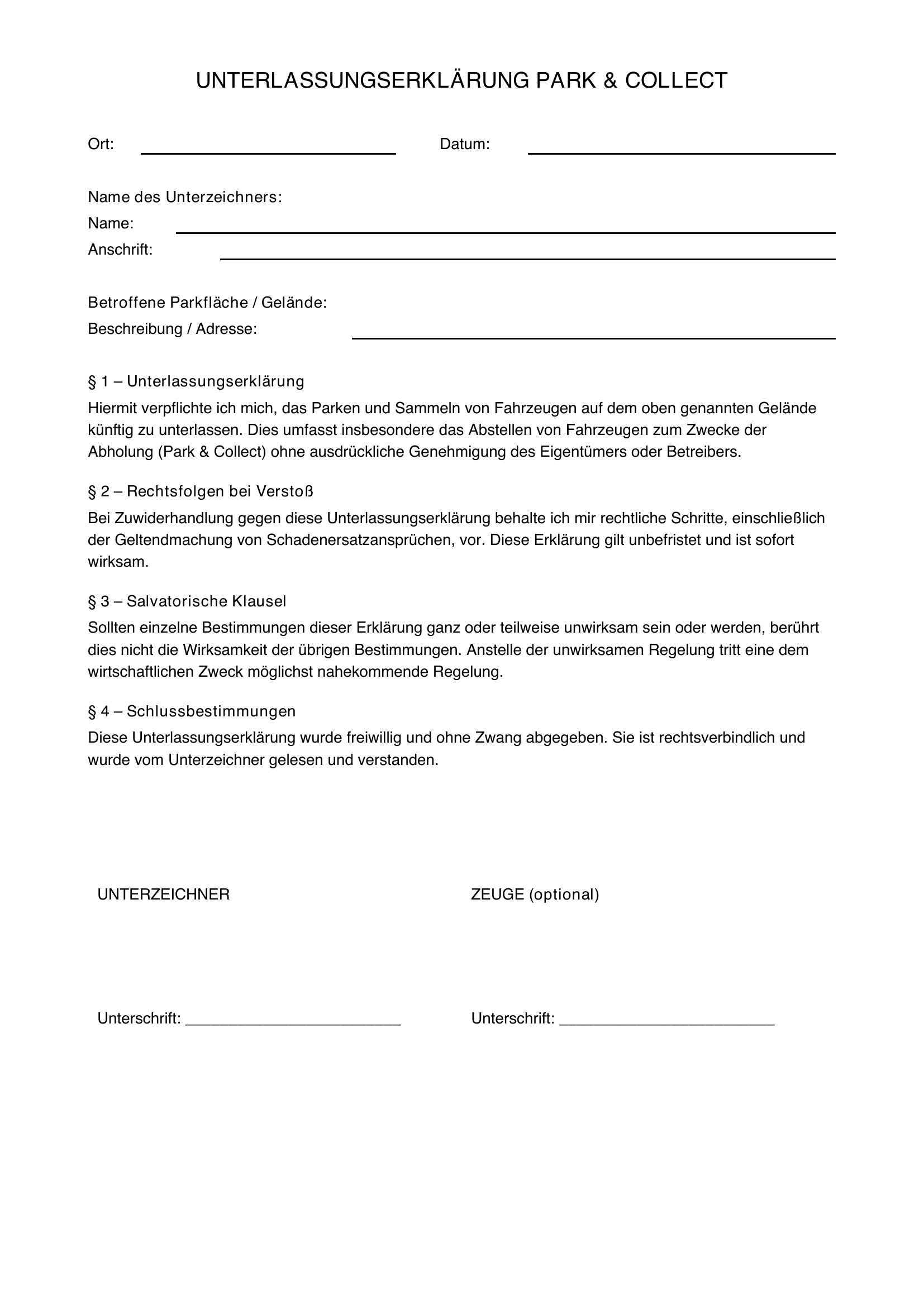 Park & Collect Unterlassungserklärung Muster