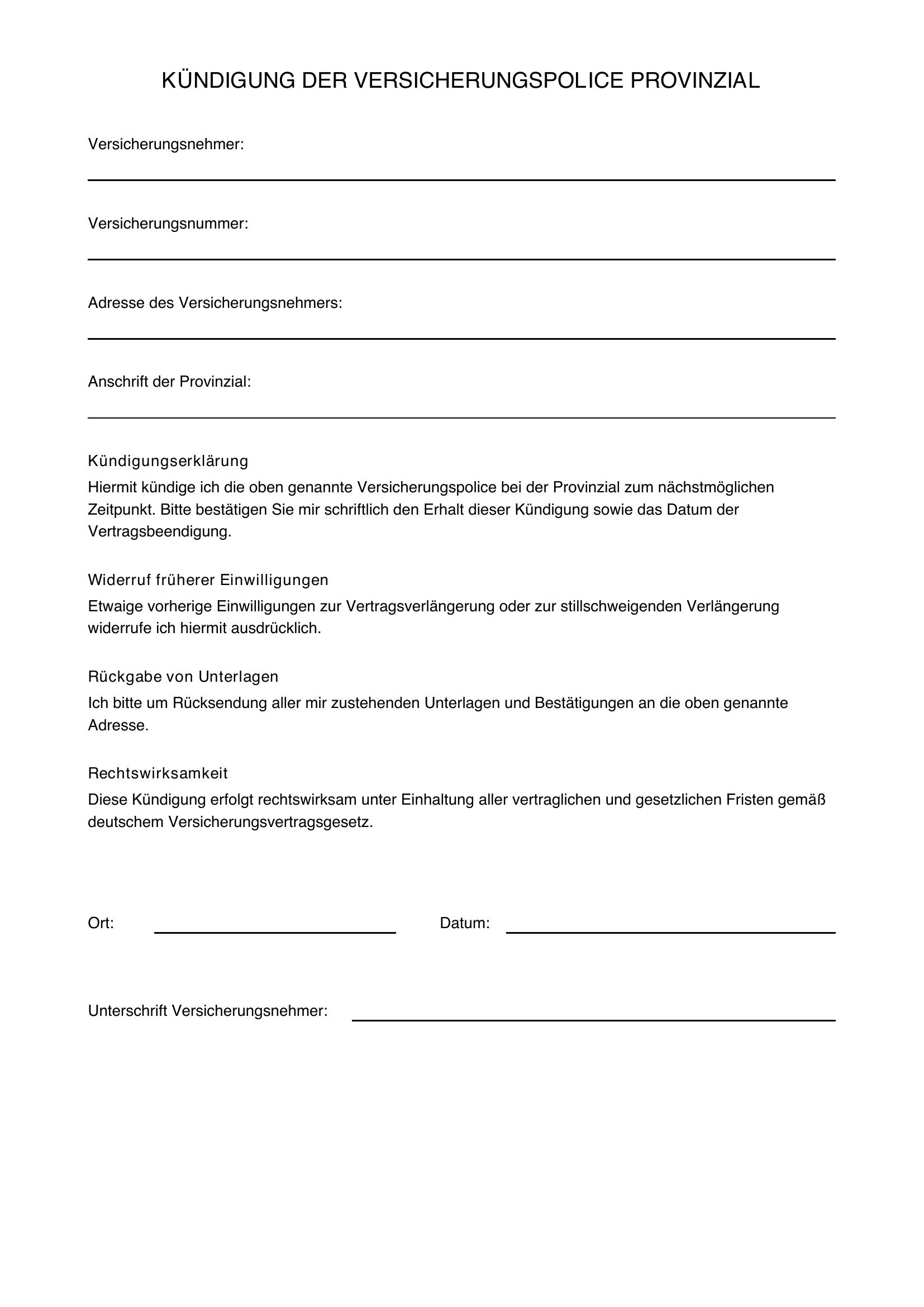 Provinzial Kundigung Vorlage