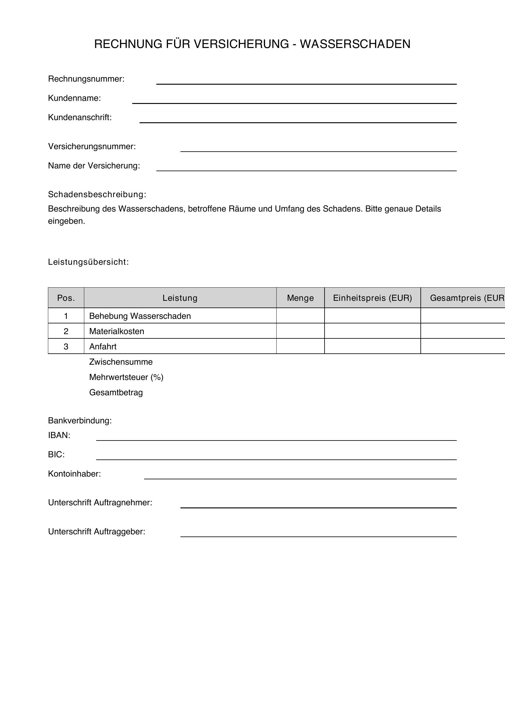 Rechnung Für Versicherung Wasserschaden