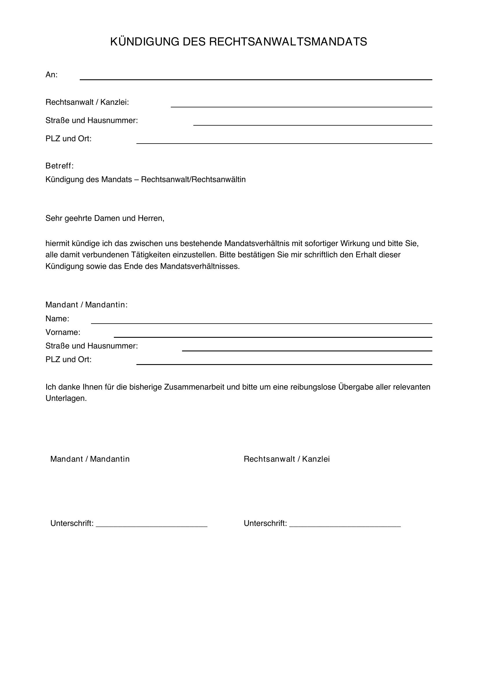 Rechtsanwalt Mandat Kündigen Muster