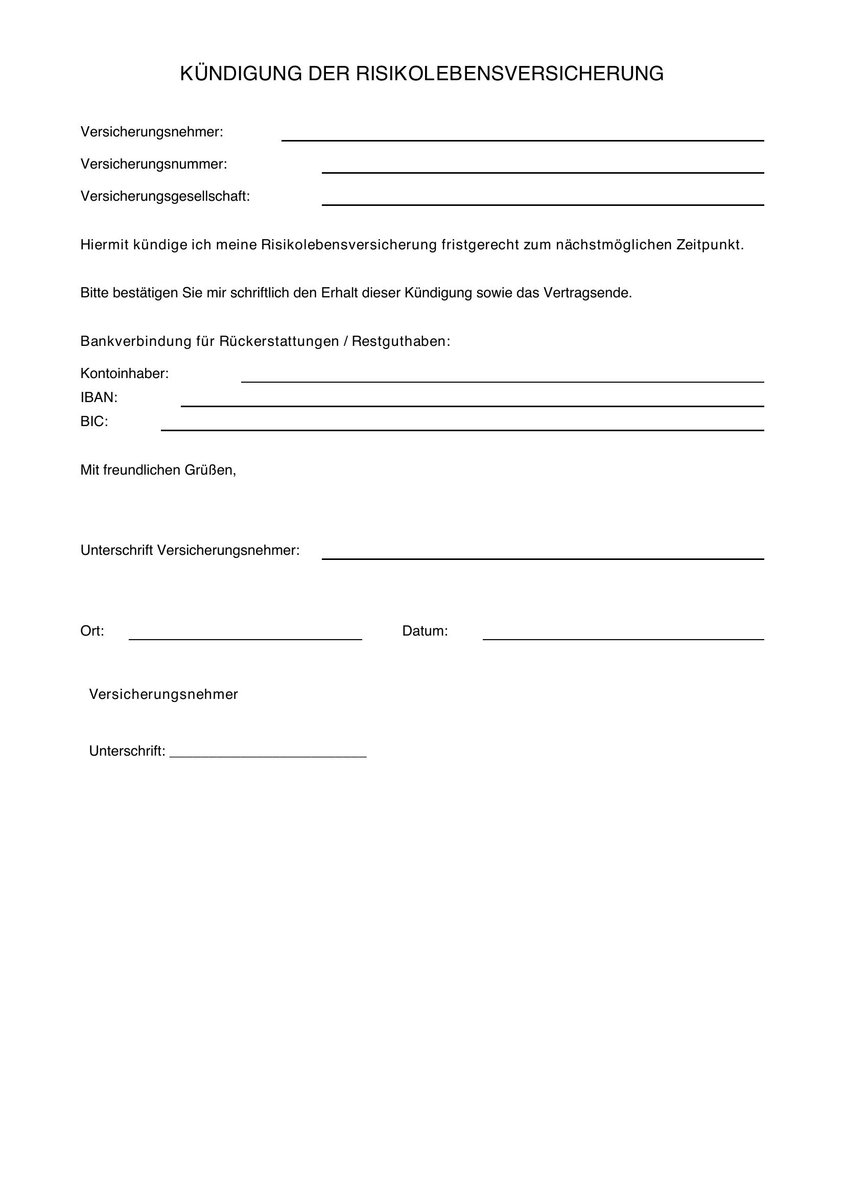 Risikolebensversicherung Kündigen Vorlage