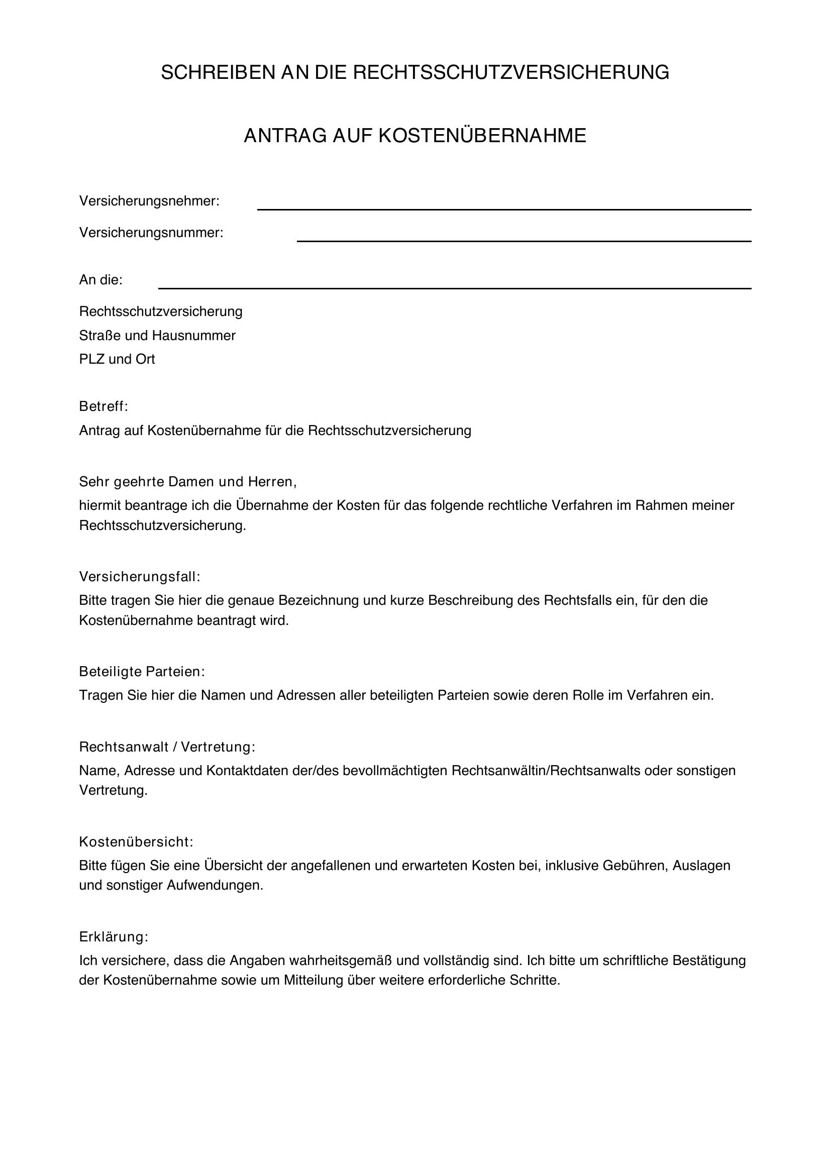 Schreiben An Rechtsschutzversicherung Kostenübernahme Muster