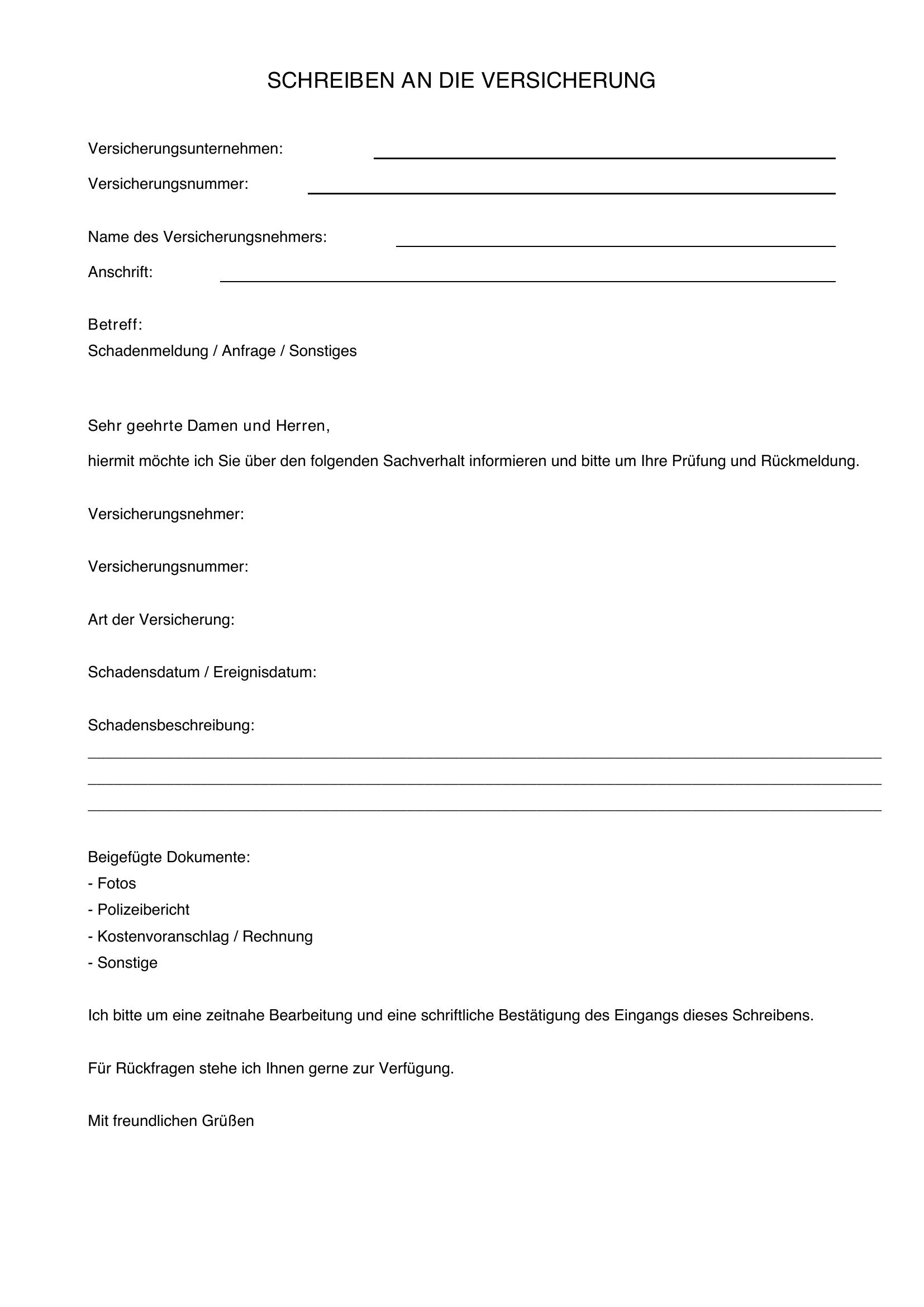 Schreiben An Versicherung Vorlage