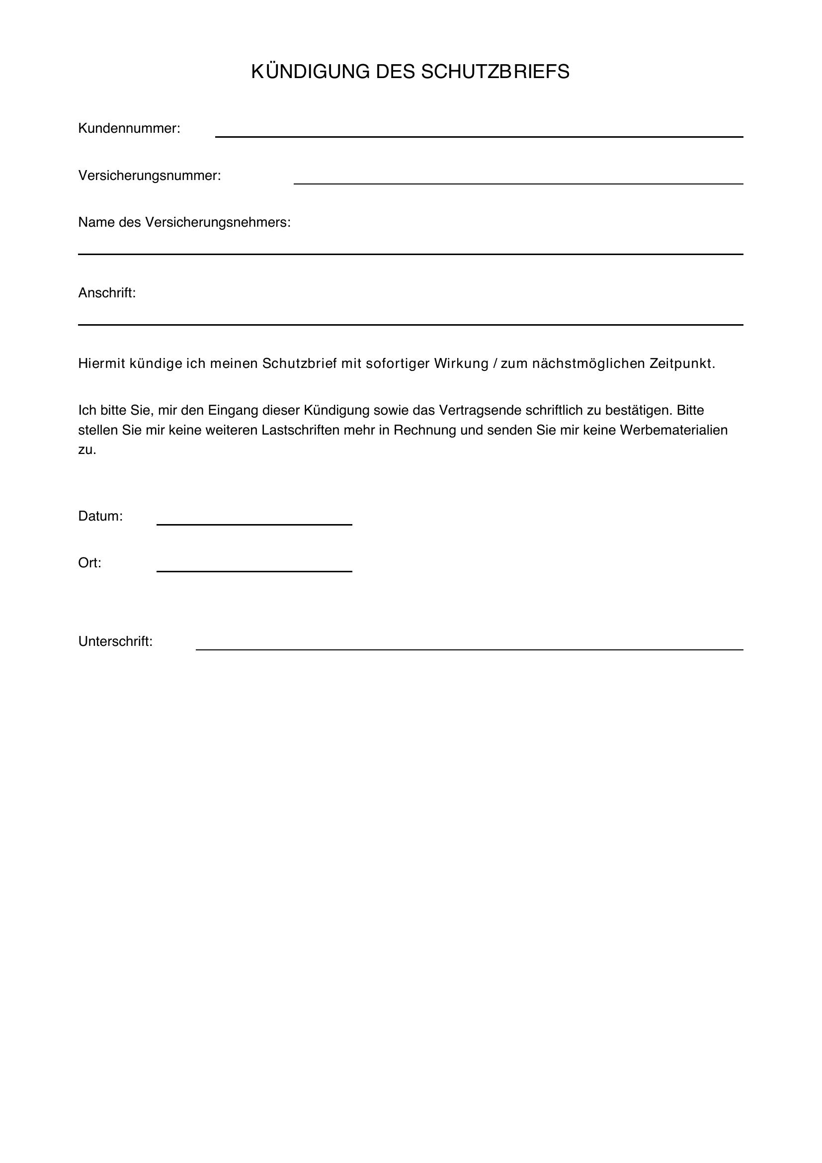 Schutzbrief Kündigen Vorlage