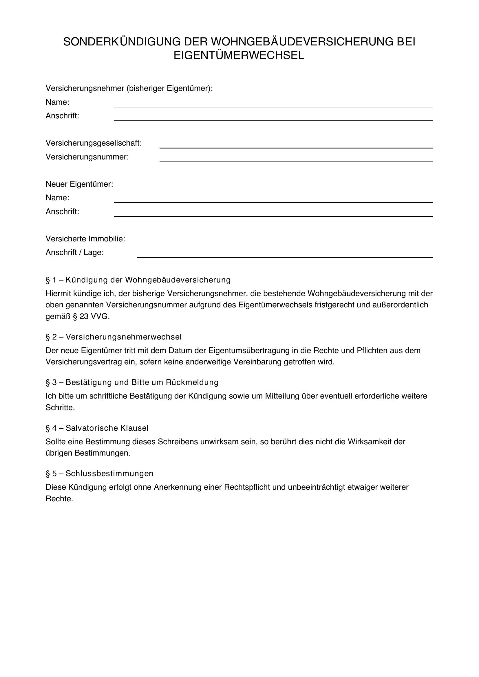 Sonderkündigung Wohngebäudeversicherung Eigentümerwechsel Vorlage