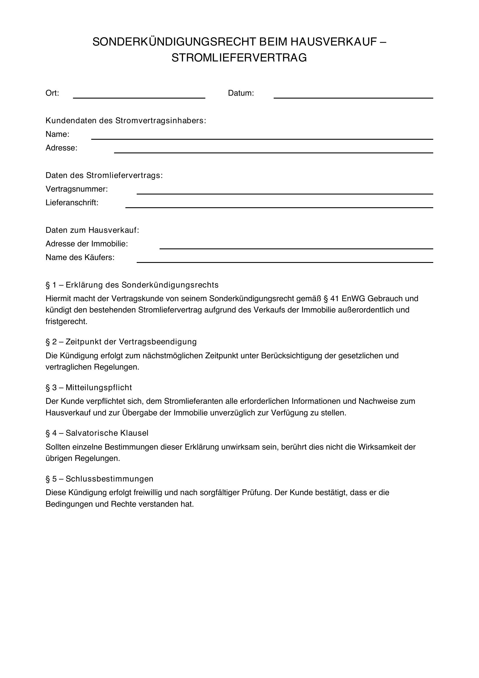Sonderkündigungsrecht Bei Hausverkauf Strom