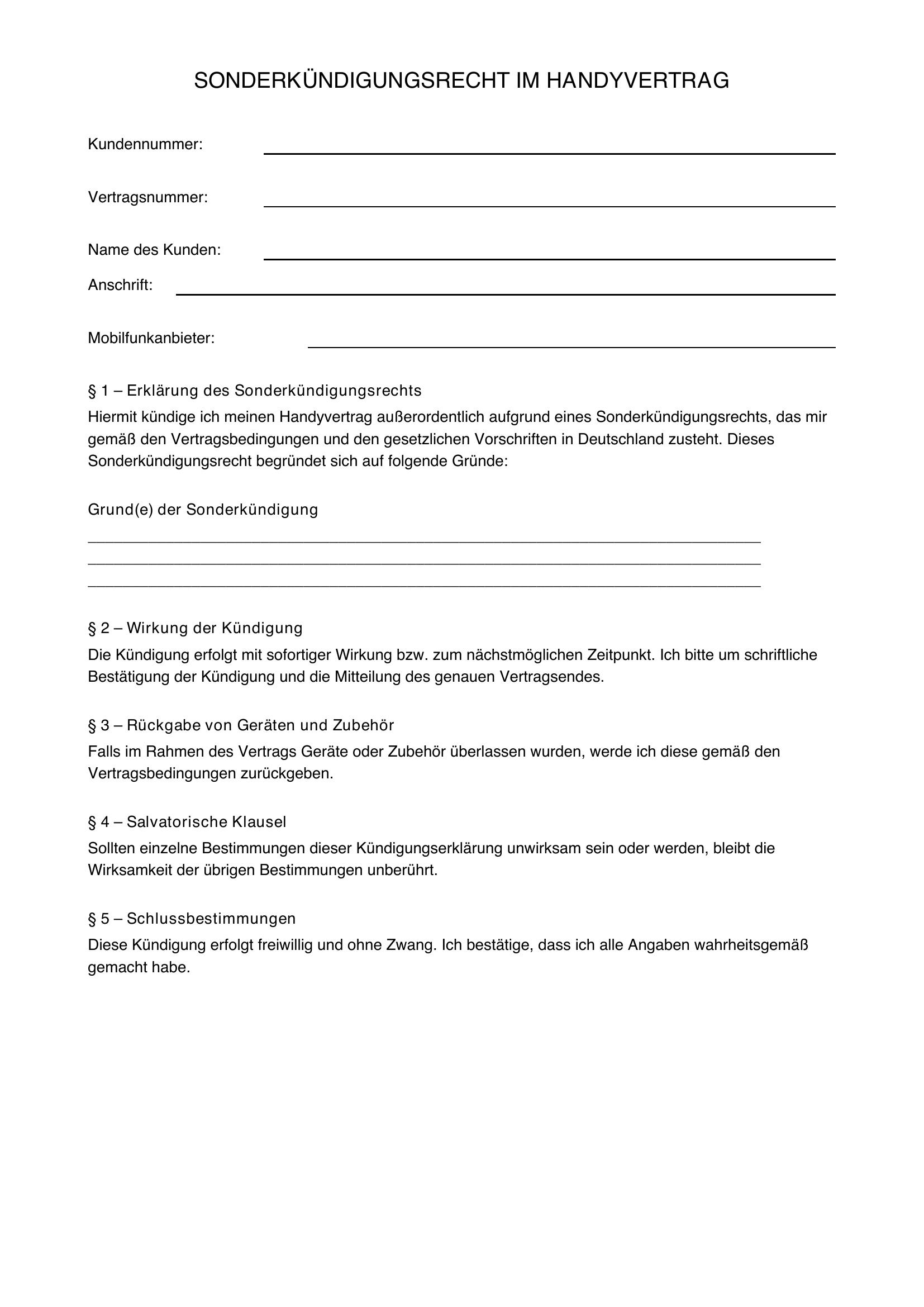 Sonderkündigungsrecht Handyvertrag Vorlage