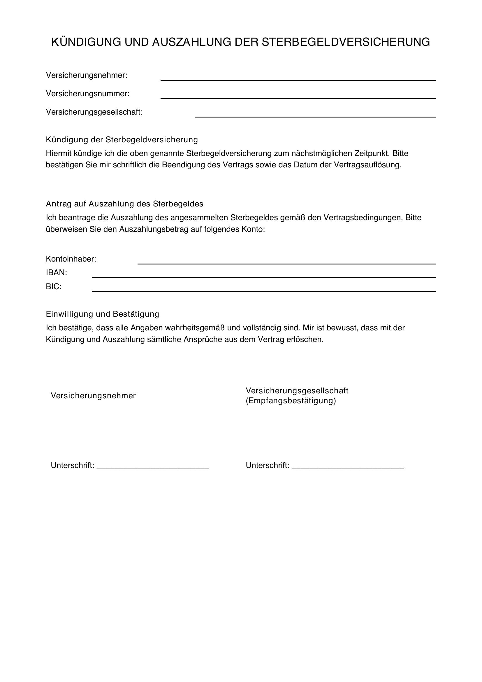 Sterbegeldversicherung Kündigen Und Auszahlen Lassen Vorlage
