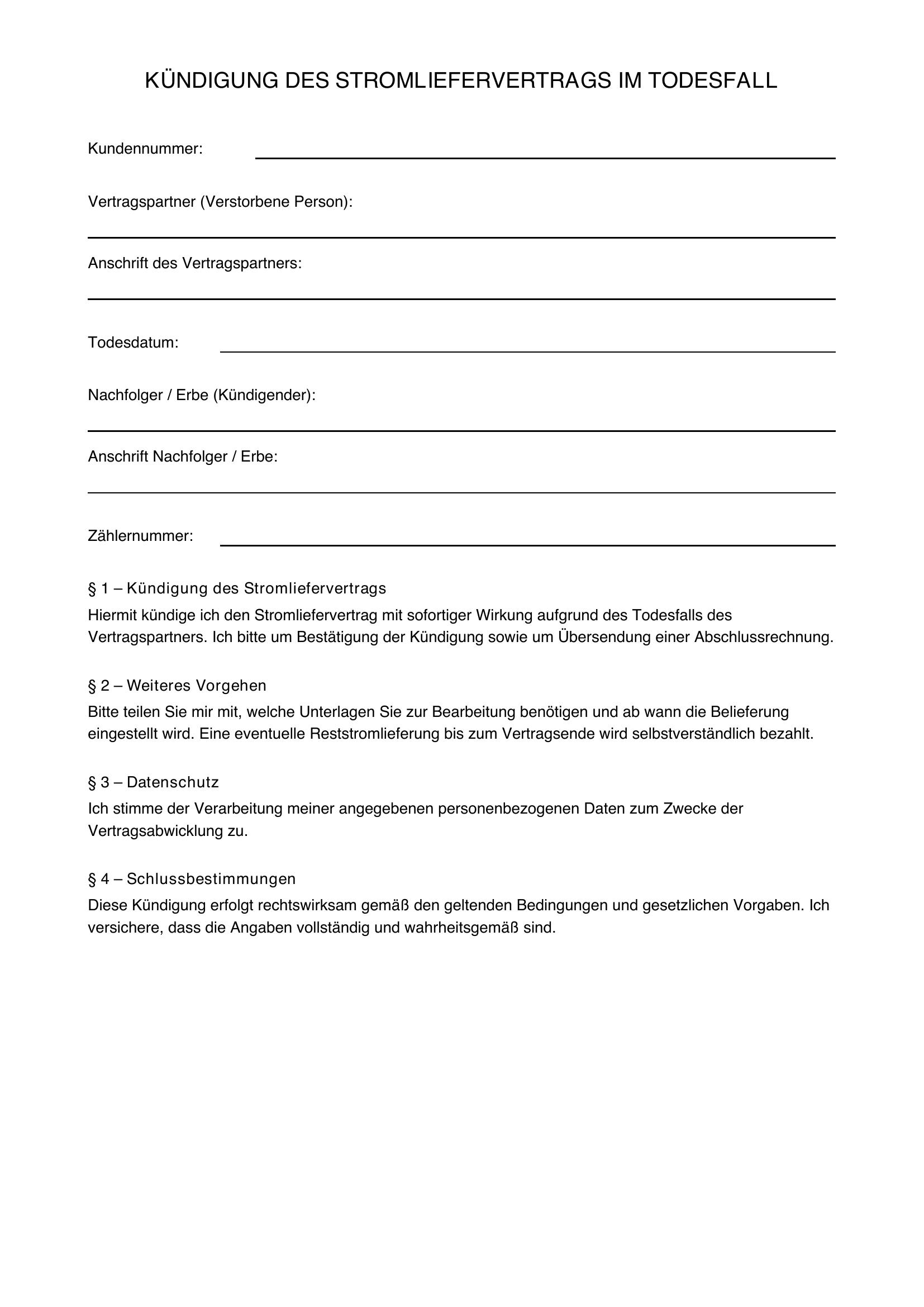 Strom Kündigen Todesfall Vorlage