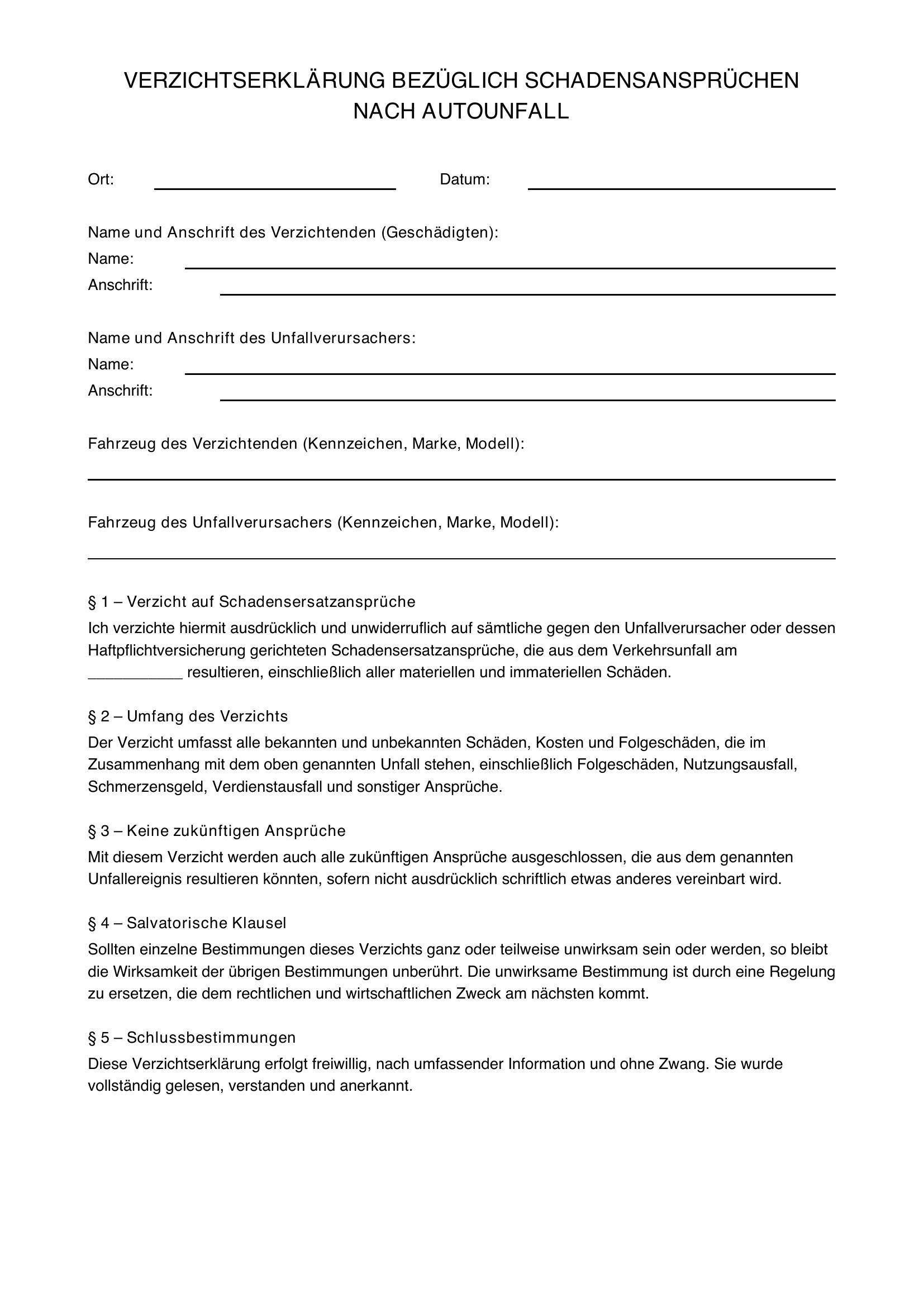 Verzichtserklärung Autounfall