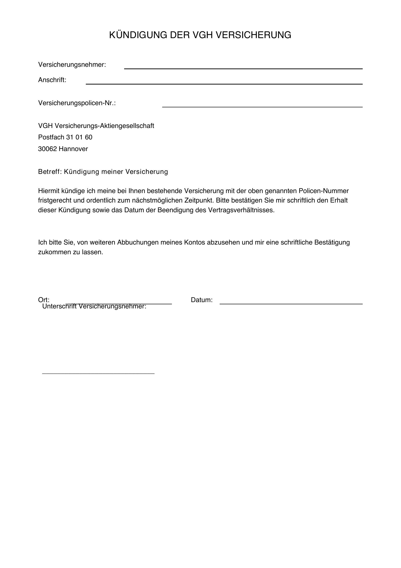 Vgh Versicherung Kündigen Muster