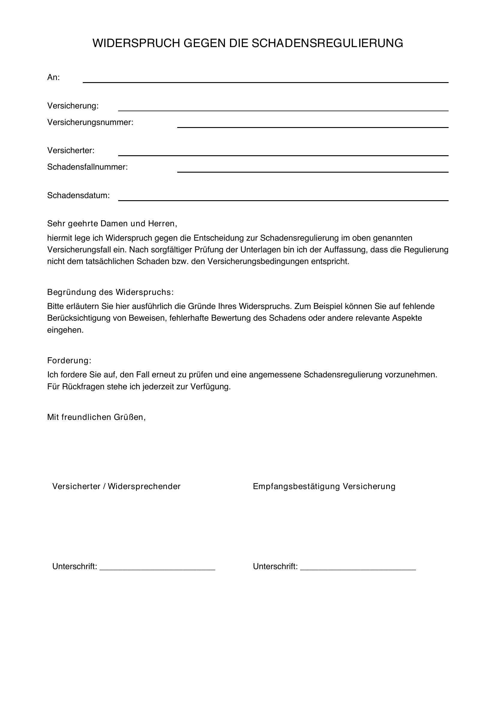 Widerspruch Versicherung Schadensregulierung Vorlage