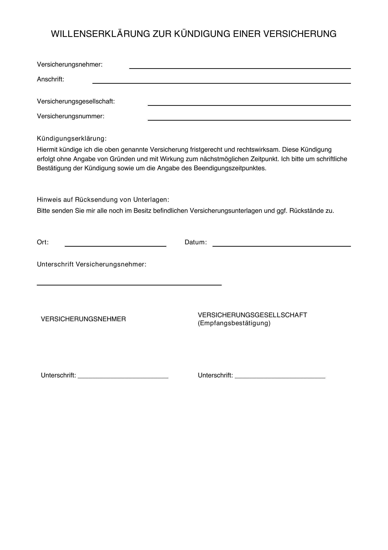 Willenserklärung Kündigung Versicherung Muster