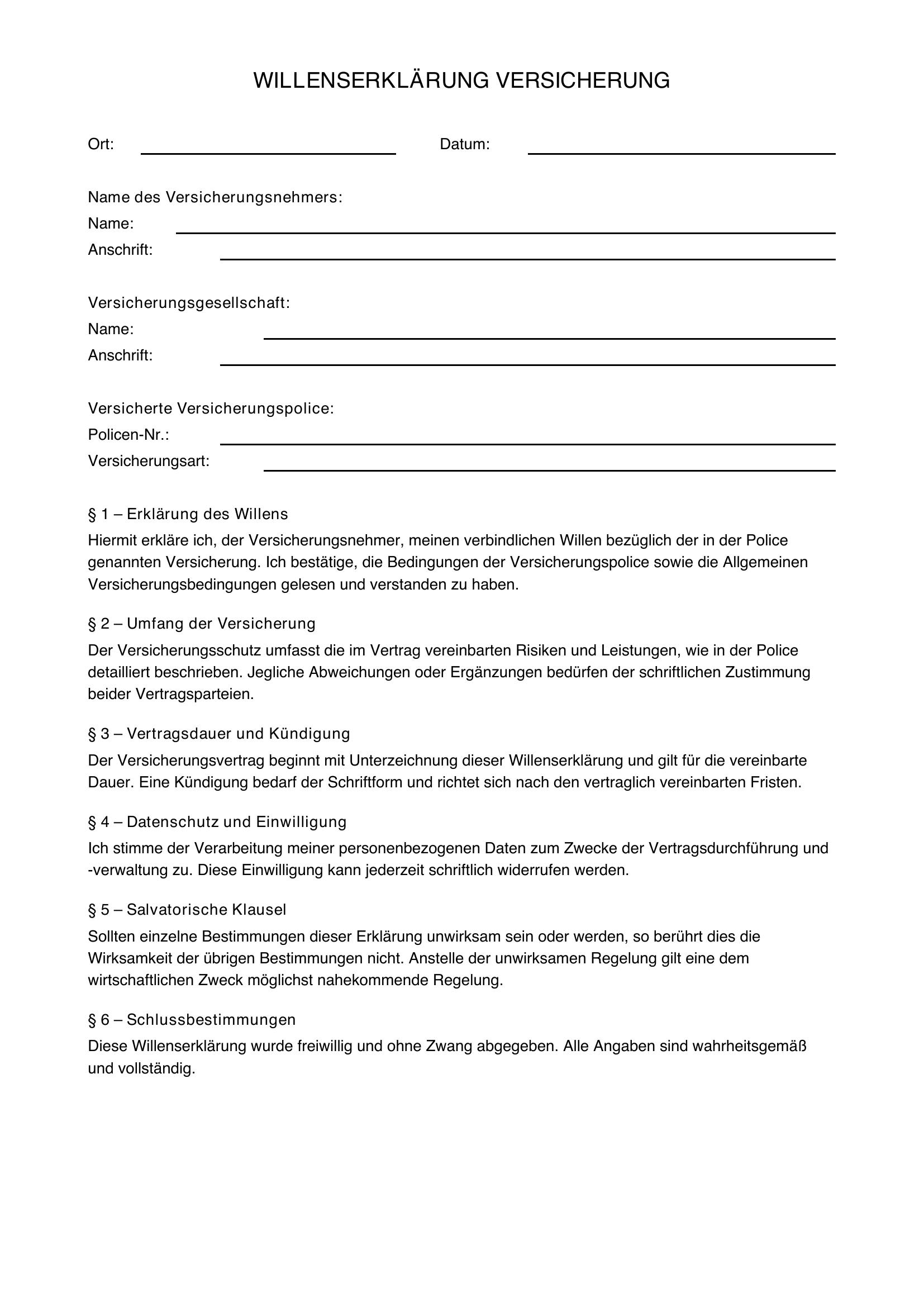 Willenserklärung Vorlage Versicherung
